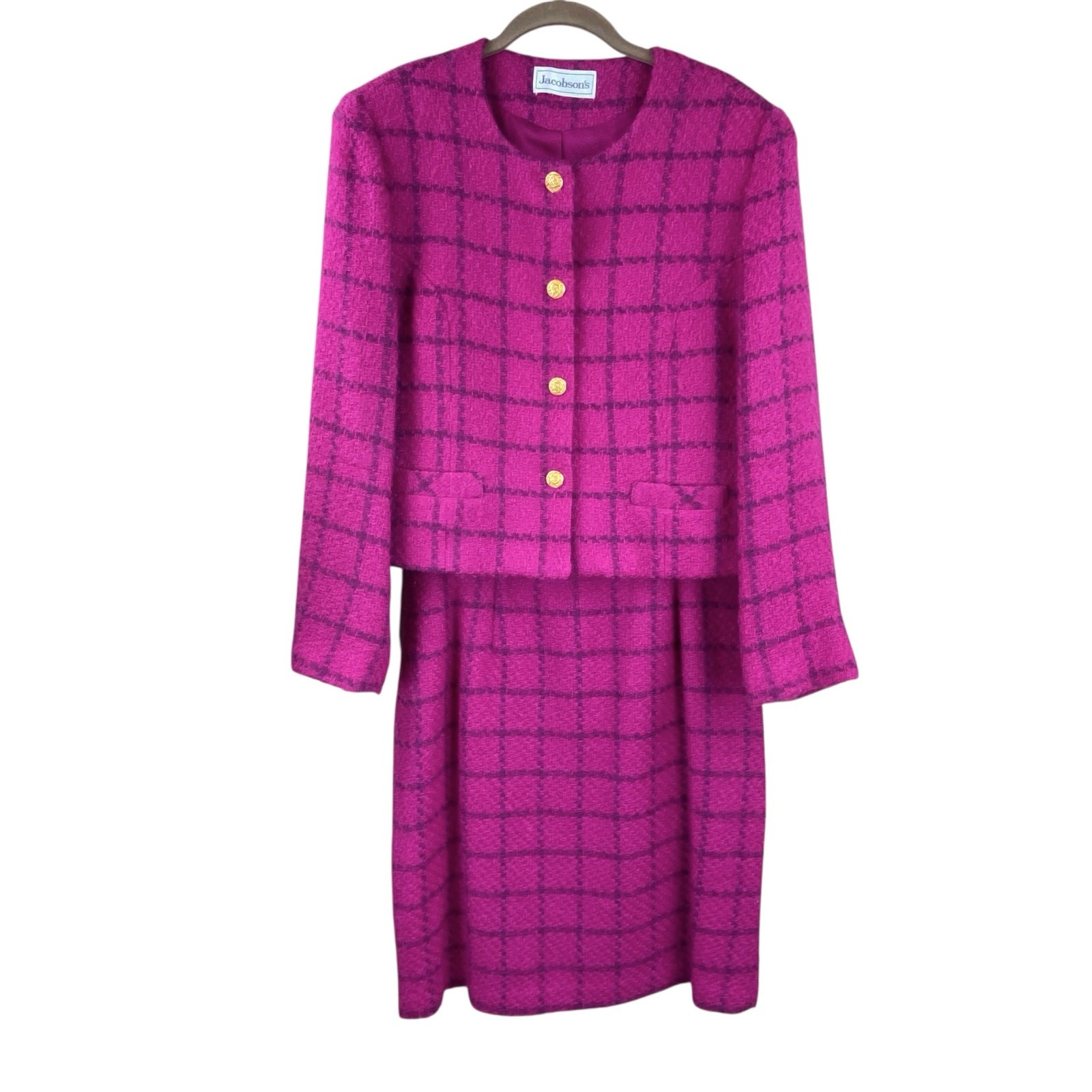 Vintage Jacobson’s Mohair Wool Skirt Blazer Suit Size 14/16 Fuchsia Pink Plaid
