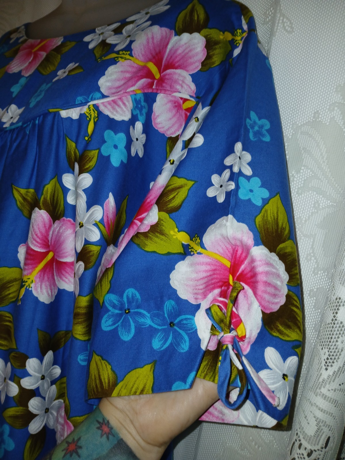 Vintage 60s Ui-Maikai Blue Hawaiian Pink Hibiscus Cotton Muumuu Dress XL Tiki O