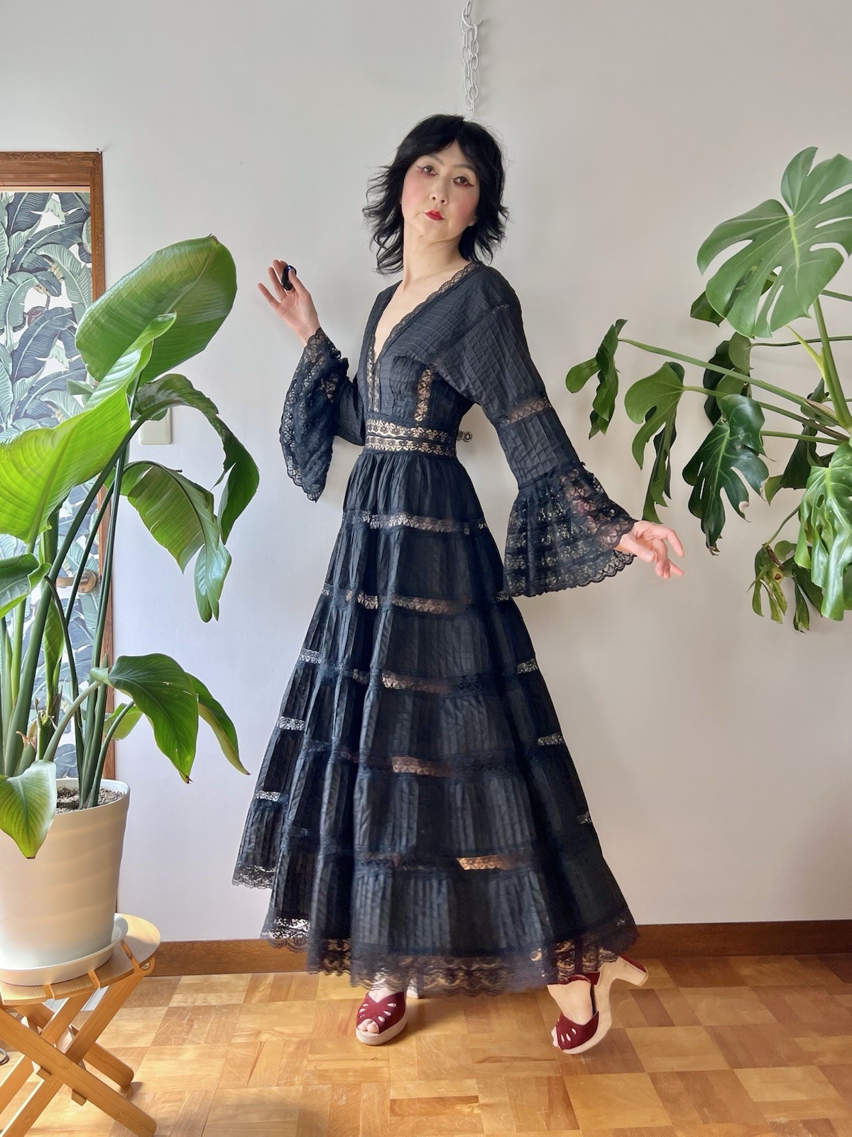 VTG 60s Mexican Wedding Dress Black Lace Pintuck Bell Sleeve Maxi S/M Boho Hippy