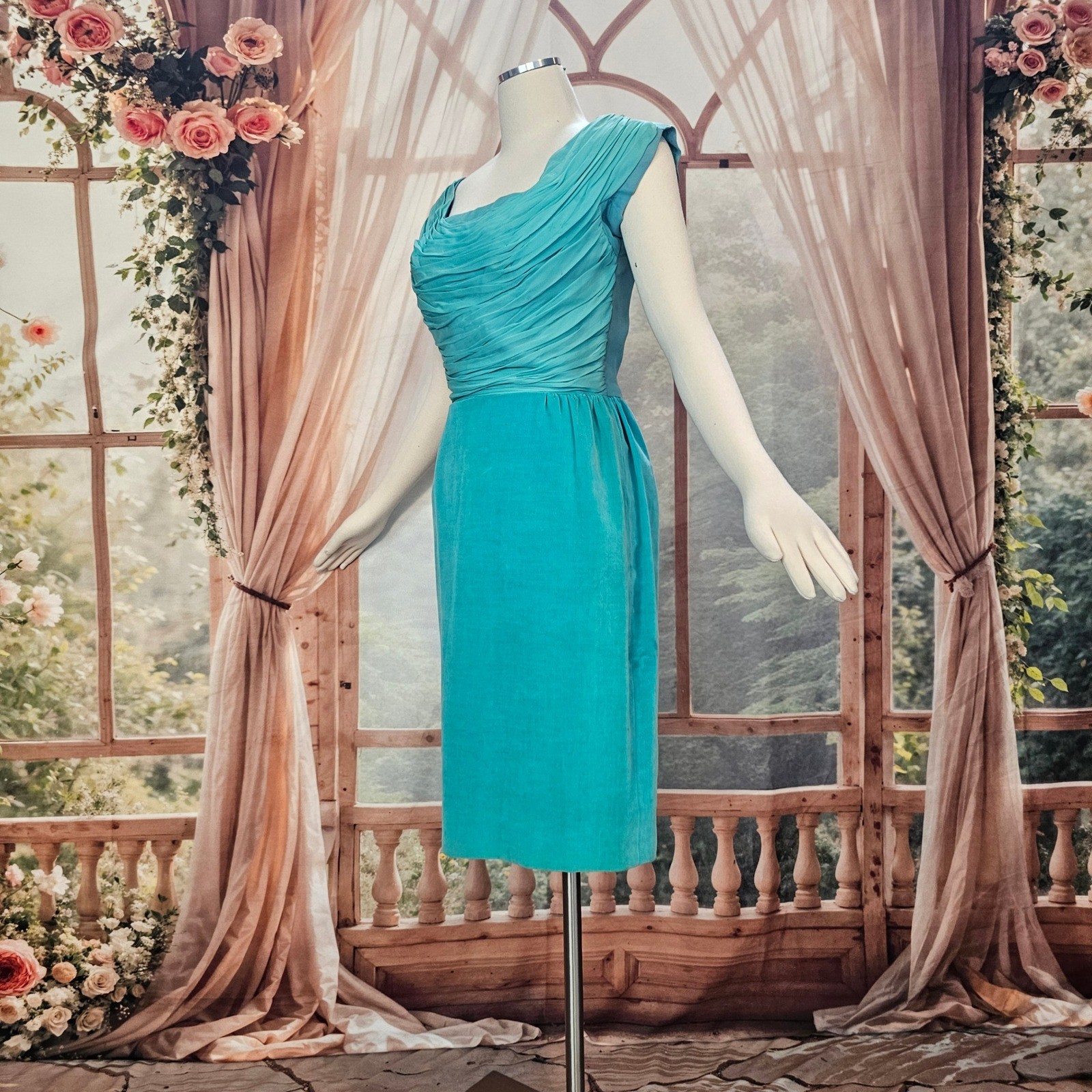 Vintage 1950s Dress Jay Herbert California Teal Ruched Draped Cocktail Formal