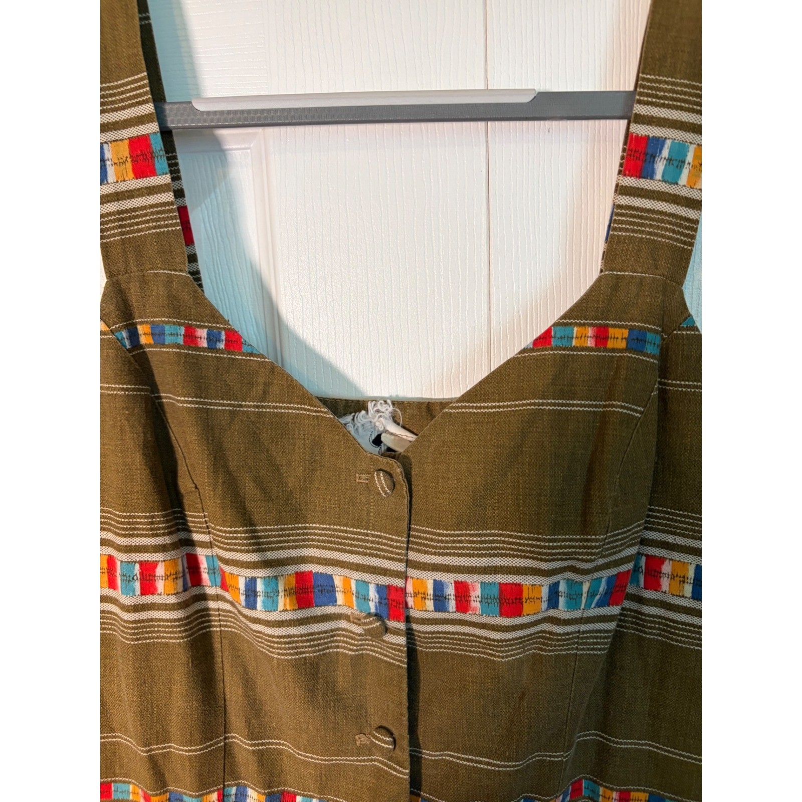 Vintage Coco California Olive Brown Multi Color Stripe Button Front Sun Dress