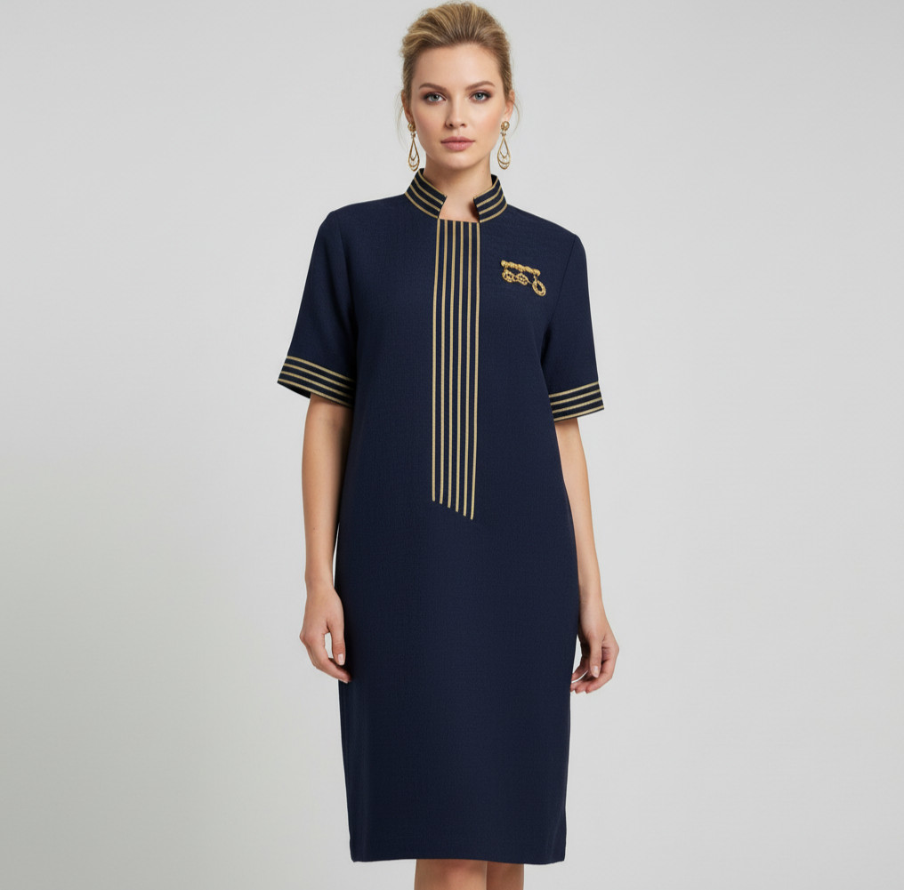 Vintage Junniette Size 6 Navy Blue Gold Womens Dress Sailor Nautical Stewardess