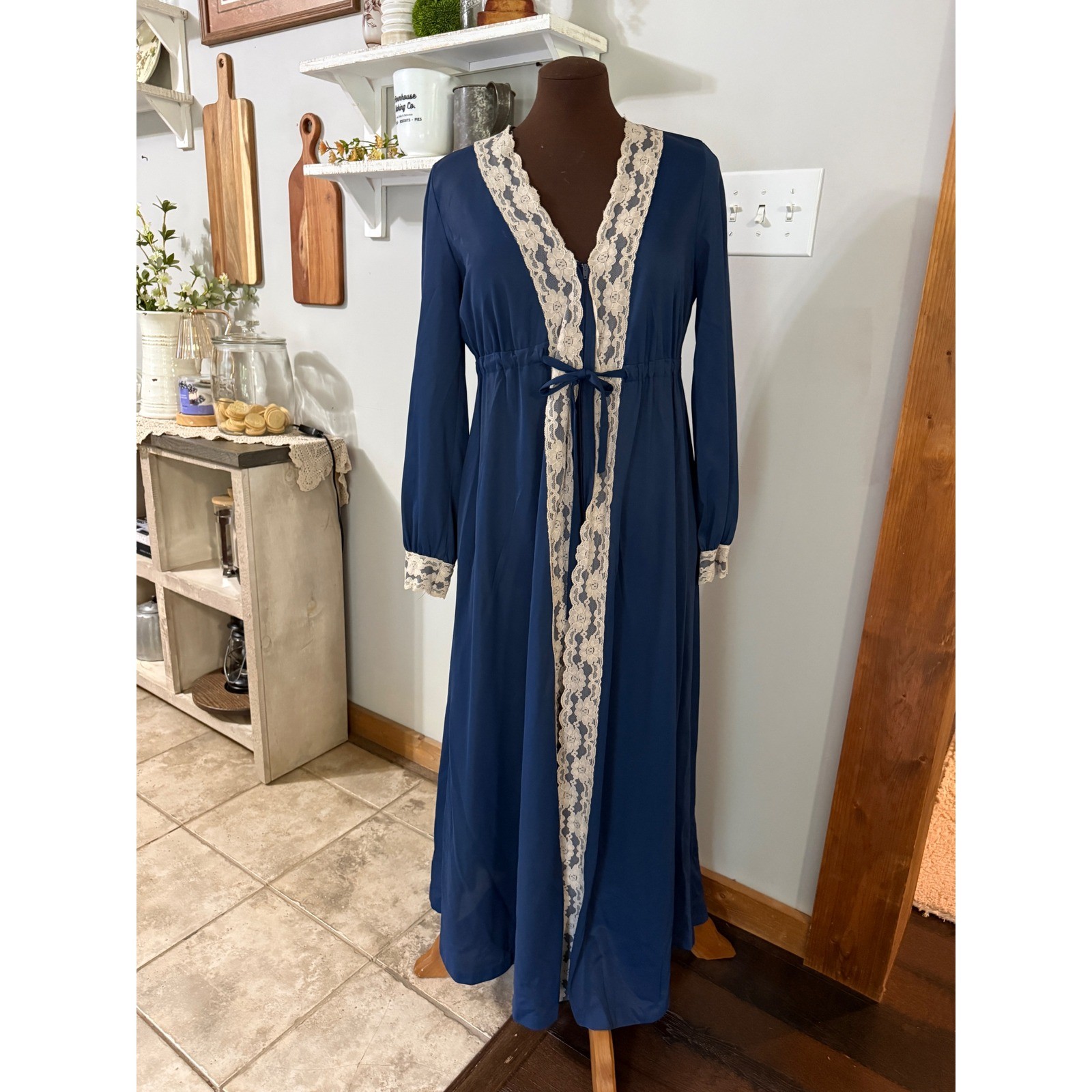 Vintage Navy Satin Lace Trim Maxi Robe Empire Waist Long Sleeve Lingerie Gown