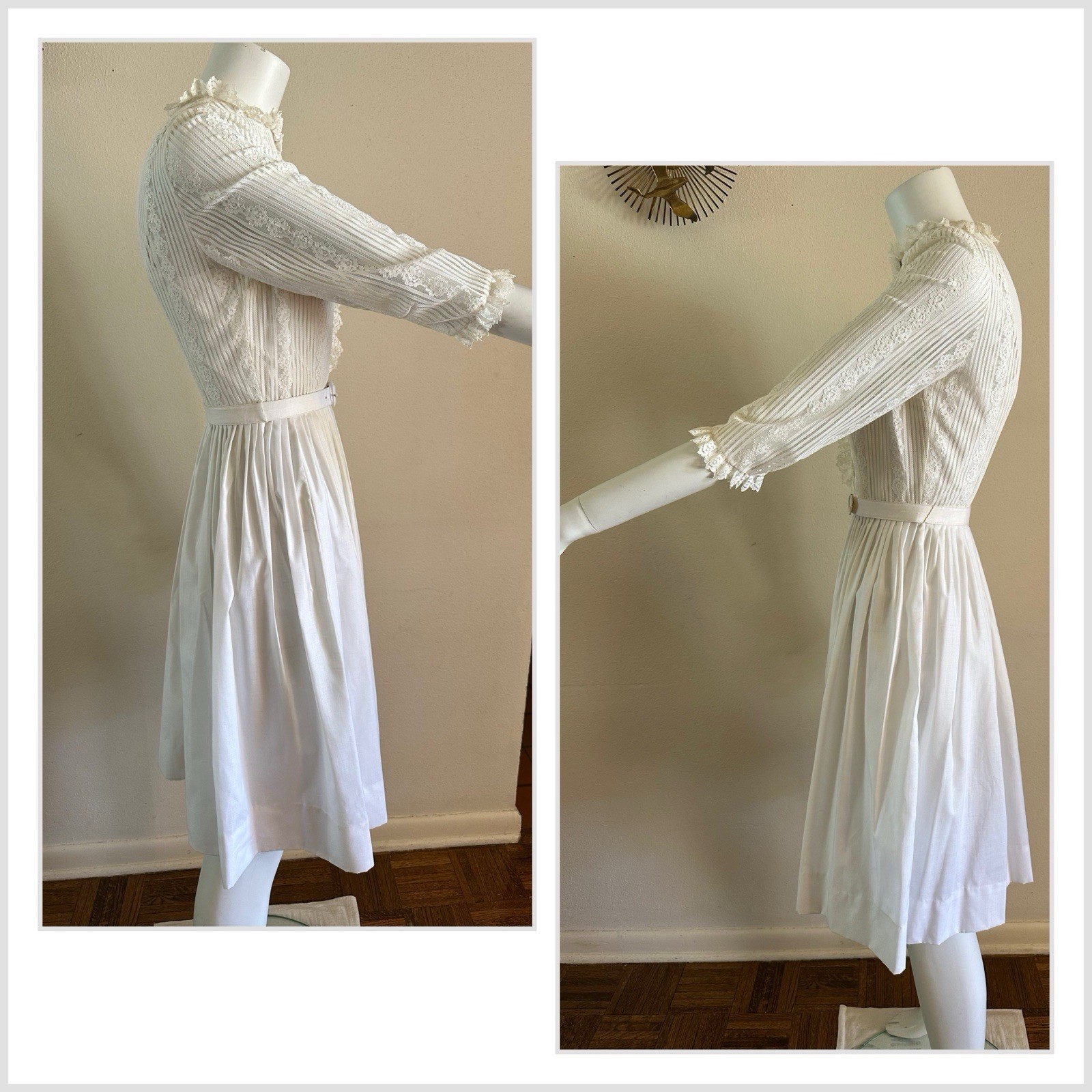1960s 70s Judy Rhodes Victorian Revival Pleated Lace Dress Prairie Romantic VTG