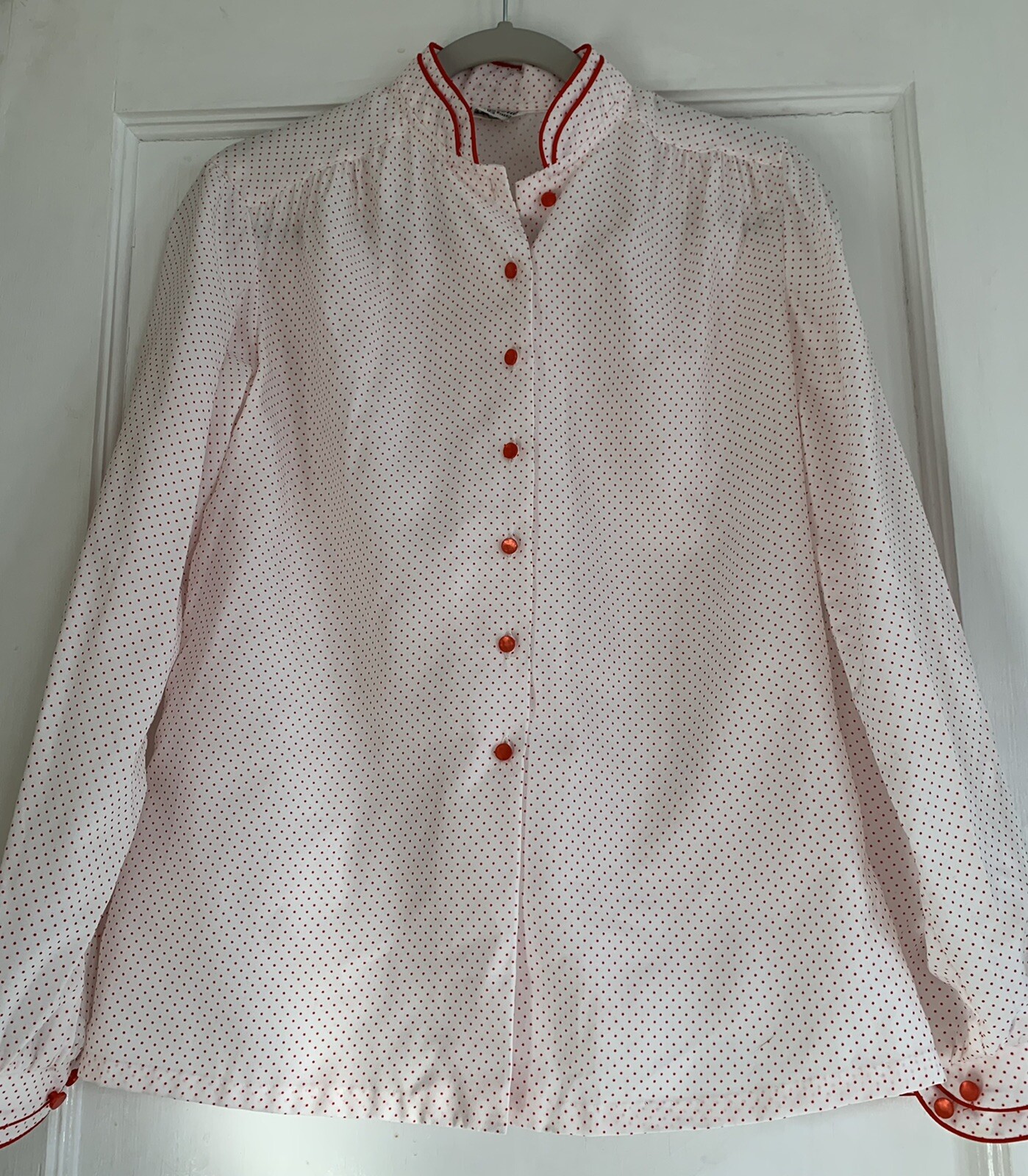 Vtg Gailord Womens Blouse Button Down L ? Creamy Off White Red Polka Dots