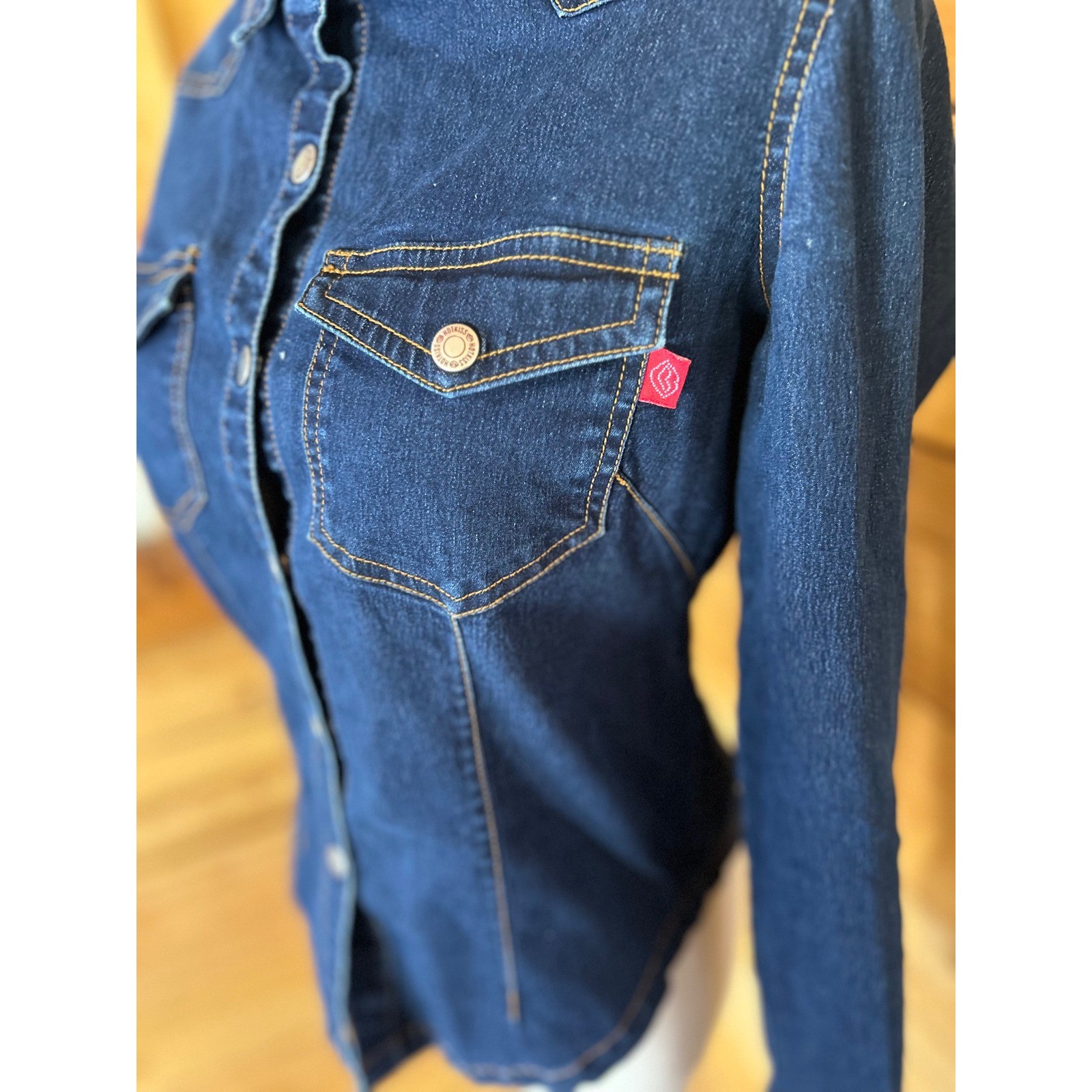Vintage Denim Jacket Womens Small Dark Wash Trucker Hot Kiss Y2K Western Cowgirl