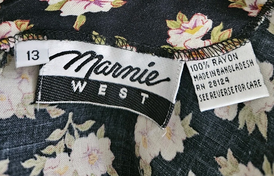 Vintage 80s/ 90s Marnie West Floral Midi Dress Lace Scoop Neck Shoulder Pads 13