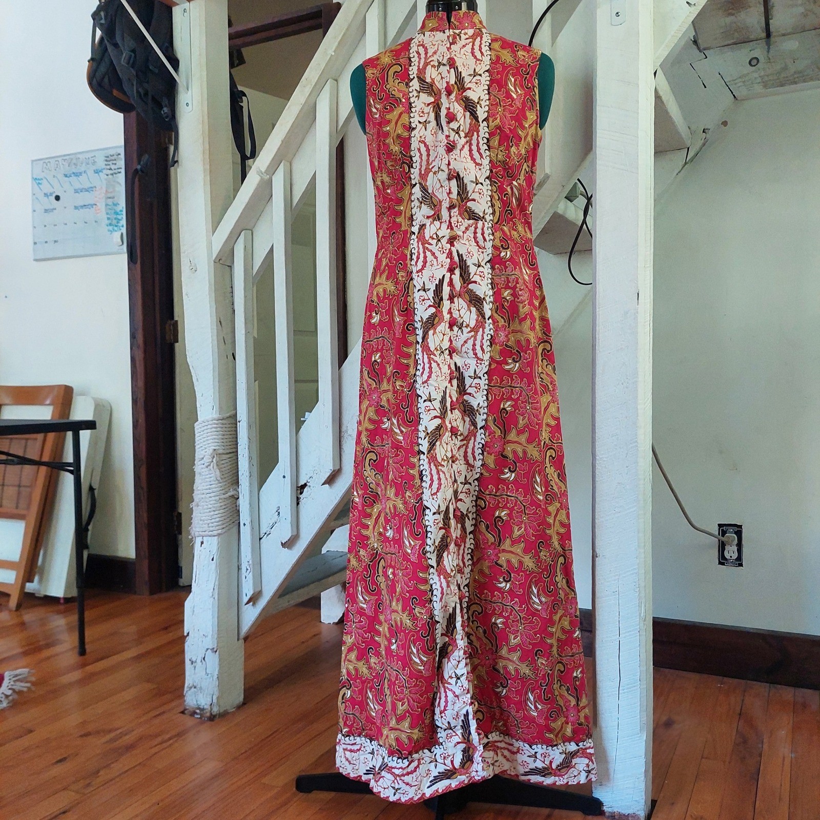 Vintage Red Patterned Maxi Dress Sleeveless Fabric Buttons All The Way Down