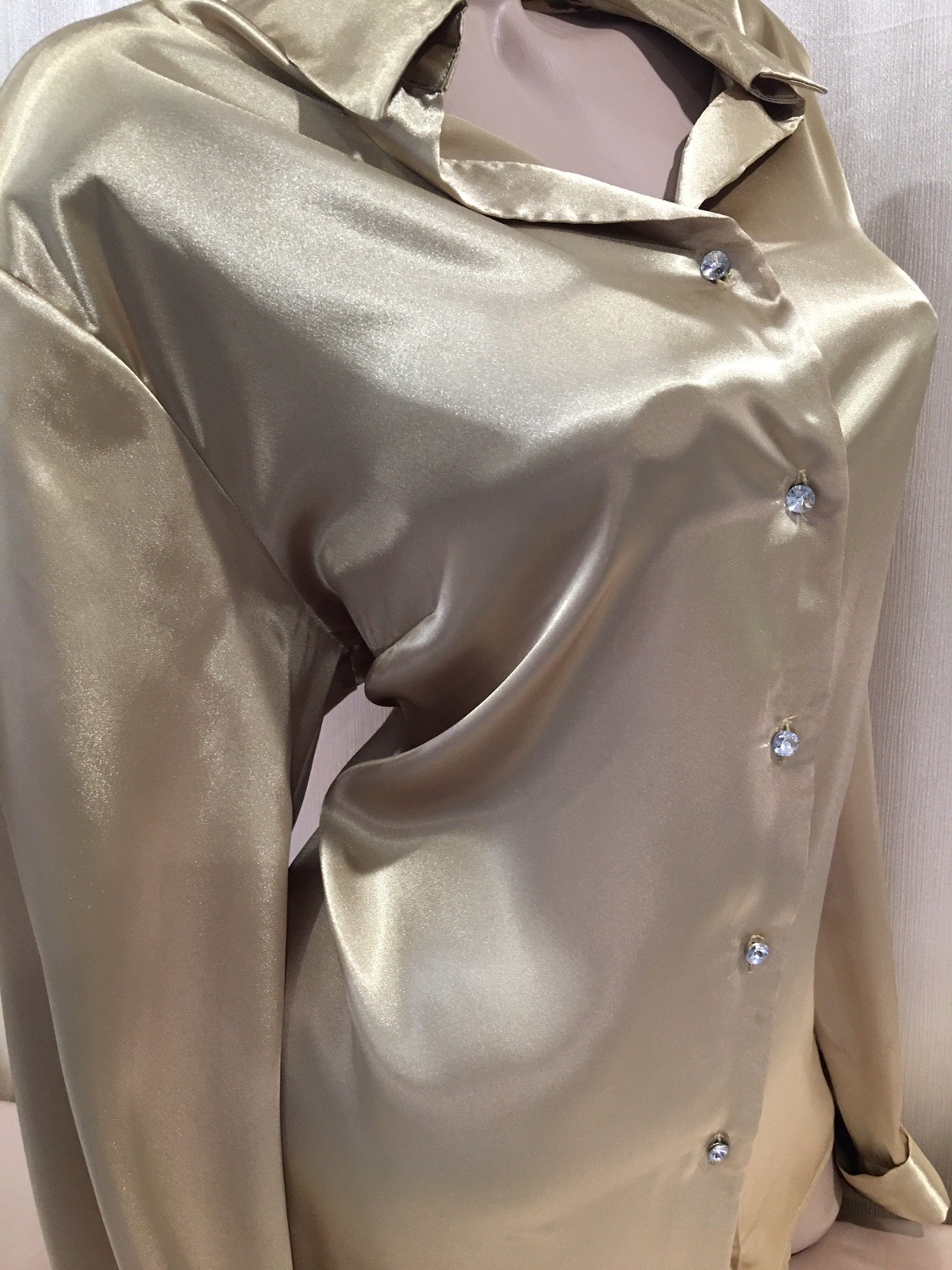 Vtg Gold Satin French Cuff Link Crystal Button Blouse Shirt Top 2X Bust 46 48
