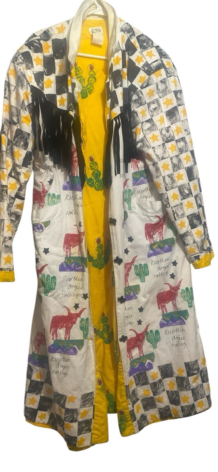 VTG Robin Brown Alpine TX Wearable Art Southwestern Trench Coat Large Long Horn