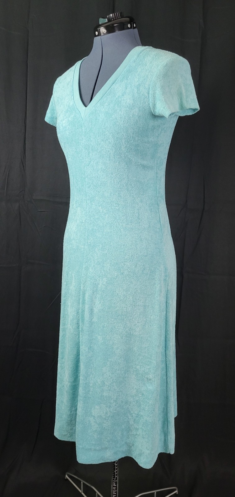 Vintage Turquoise Blue Terry Cloth S/S Dress/Cover-Up w V-Neck Size 32 (XS)
