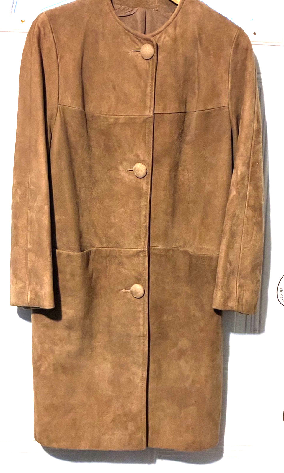 Vintage 1960s Camel Suede Collarless Swing Coat Covered Buttons Mid Century Sz S