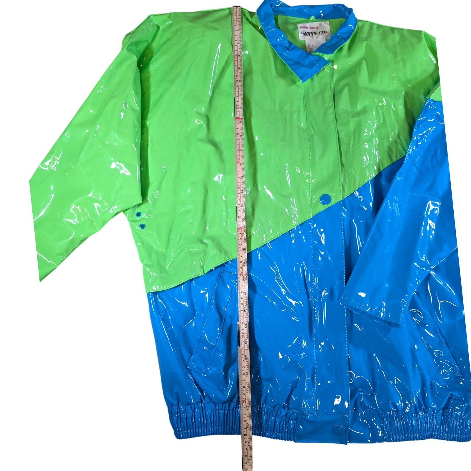Vintage 80s Kenn Sporn for Wippette Vinyl Raincoat Jacket Neon Green Blue Medium