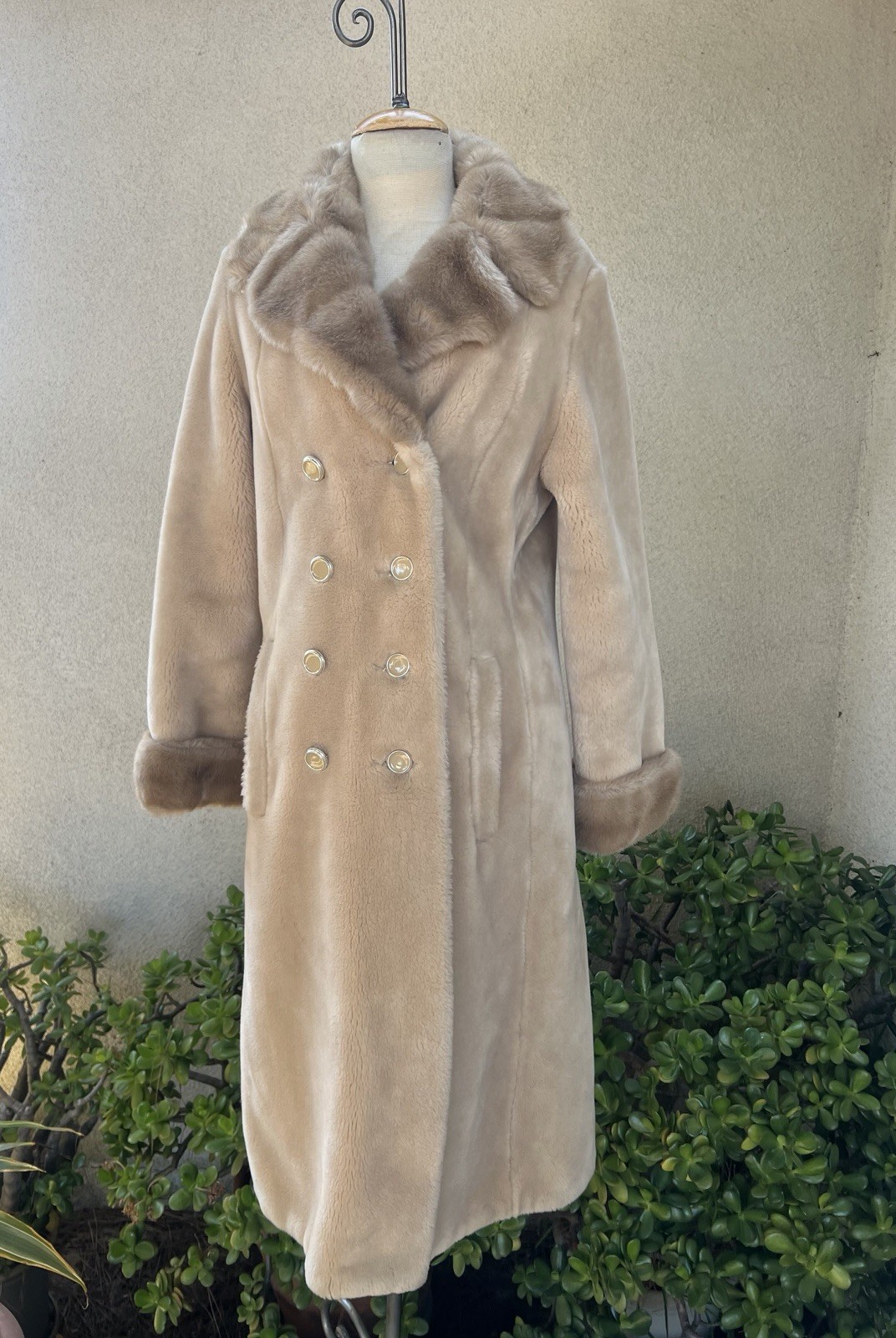 Vtg Winter Faux Fur Coat Cream Taupe Pockets S/M Borgana Betty Rose