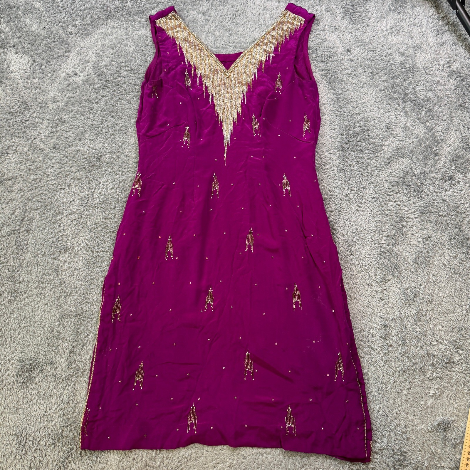 Unbranded Womens Vintage Beaded Fringe Cocktail Dress Small Magenta Silk Blend