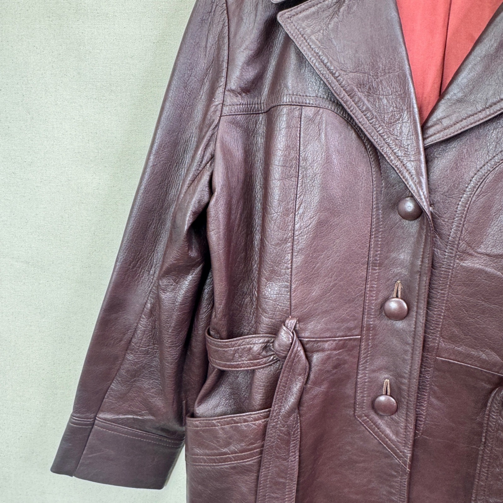 New England Sportswear Leather Jacket Burgundy Brown Vintage 70s Belted Coat USA