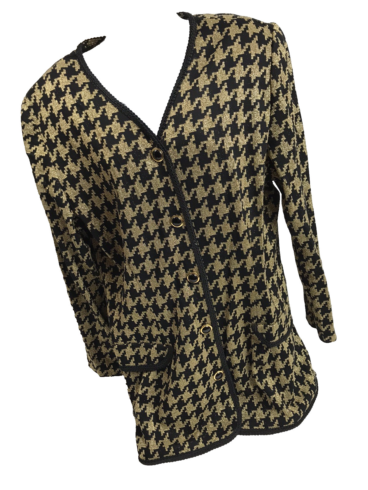 Vtg 80’s Sunshine Starshine Sweater Houndstooth Black Gold Cardigan L/XL mobwife