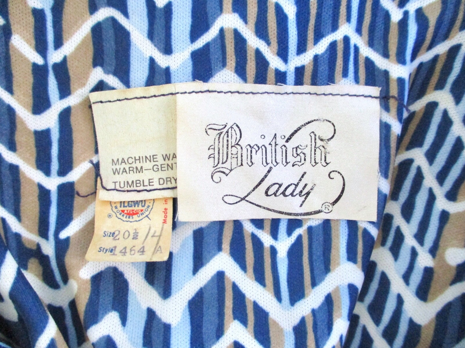Vtg 60s 70s Blue Beige ZigZag Stripe Poly Knit Sheath Shirt Day Dress Sz 20