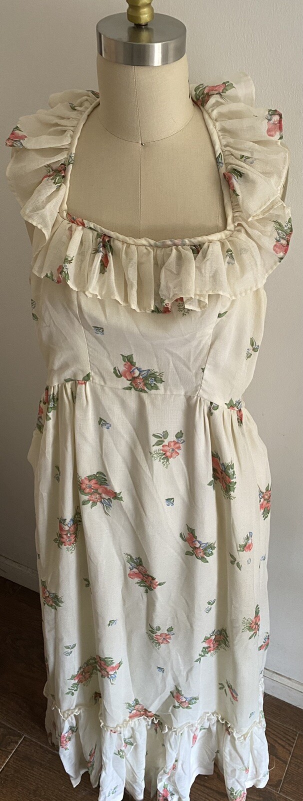 Vintage Roberta California Halter Dress Ivory Floral Ruched Size 9 Ruffle Trim