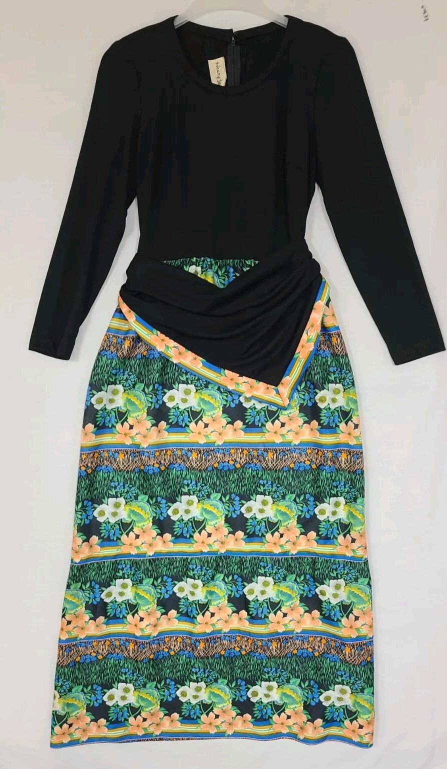 Vtg 70s Mod Henry Lee Maxi Dress Sz S Long Sleeve Black Floral Print Scarf Belt