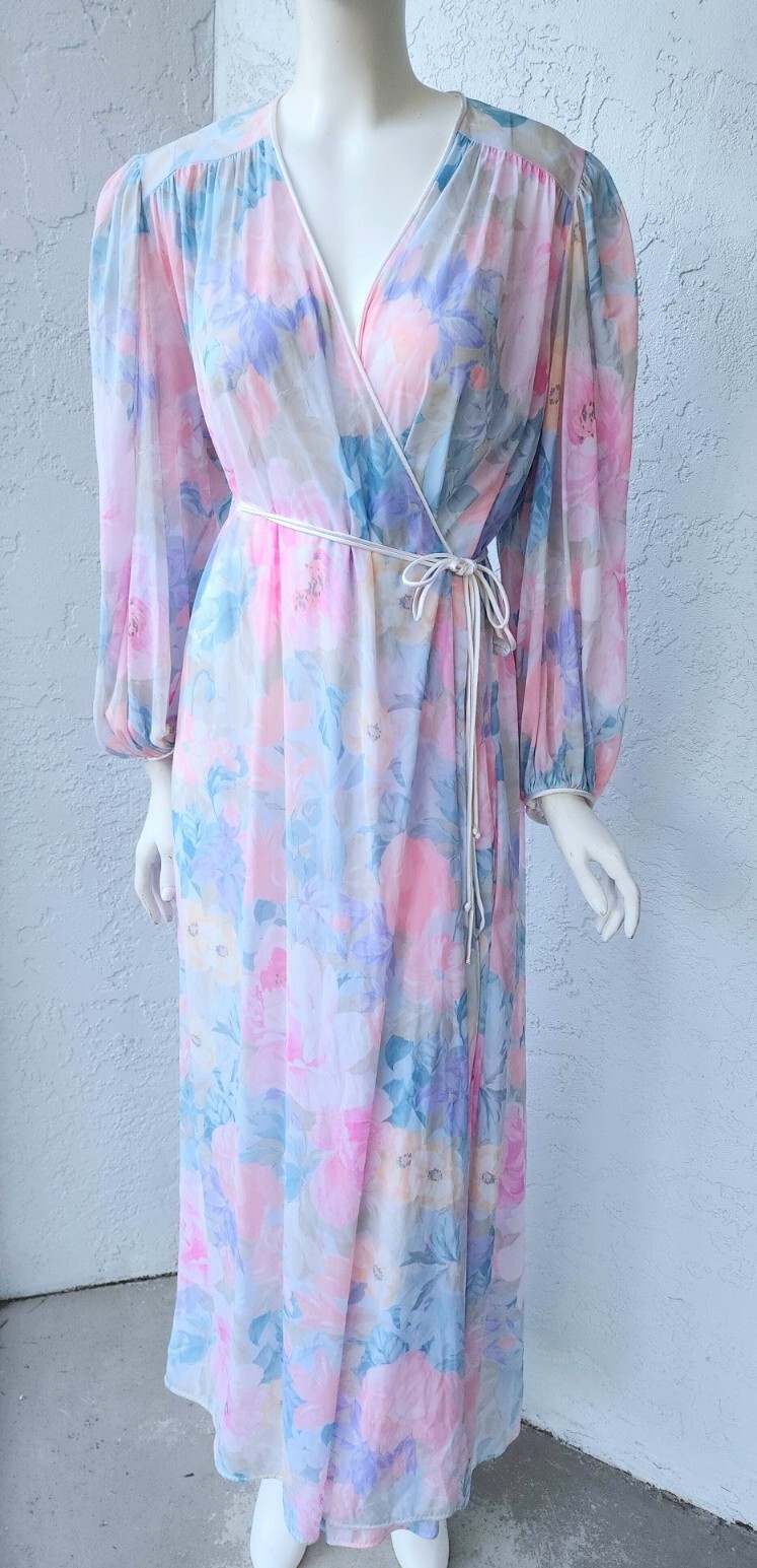 VTG Miss Elaine Lingerie Wrap Dressing Gown Robe Peignoir Floral Semi Sheer MED