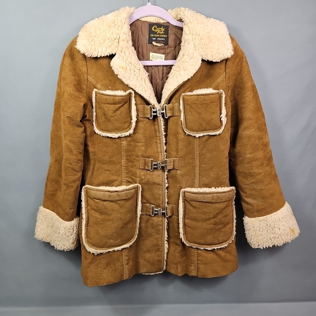 Vtg Curly Top Sheepskin Style Shearling 4 Pocket Lined Clasp Jacket Size 7/8