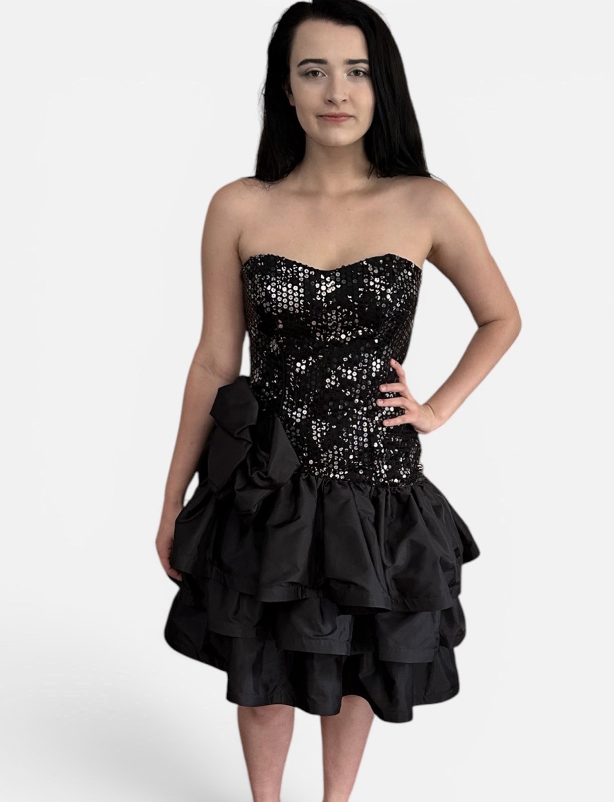 Vintage 80s Black Taffeta Sequins Cocktail Prom Dress ILGWU Made In USA Sz Small