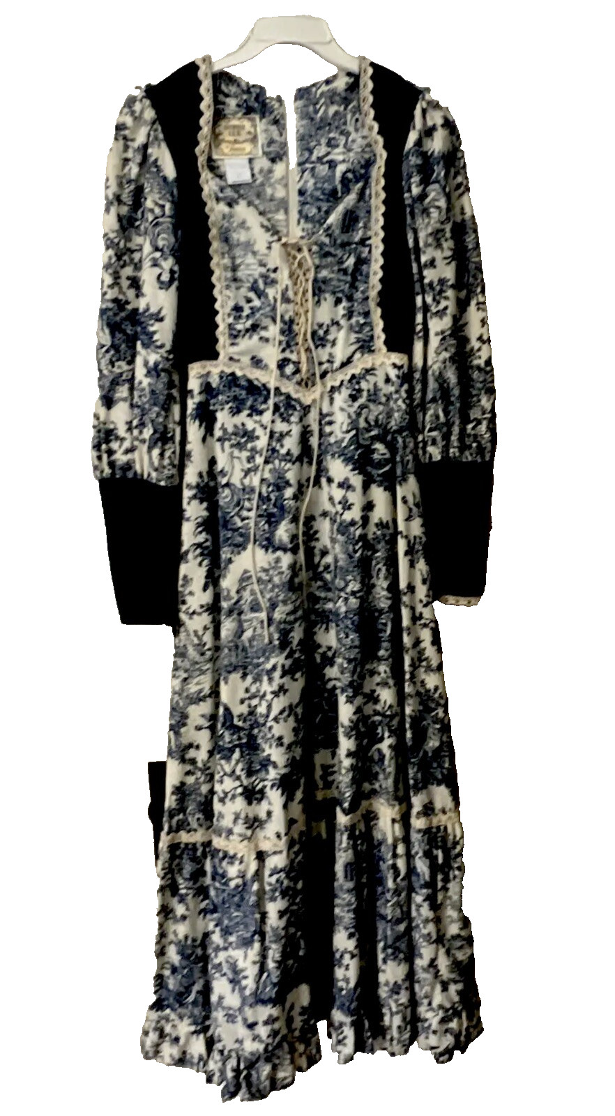 1970’ GUNNE SAX by Jessica Toile de Jouy Maxi Dress Blue Velvet Lace-up Blue 11