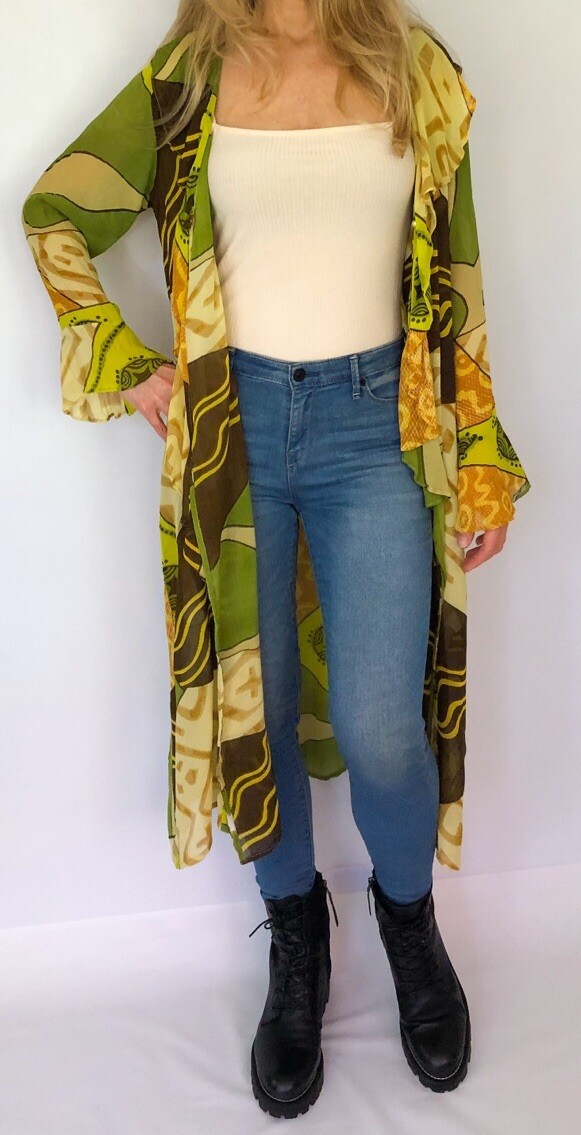 Kimono Duster chiffon maxi cardigan long cover up dress Vintage Sheer Robe SZ L