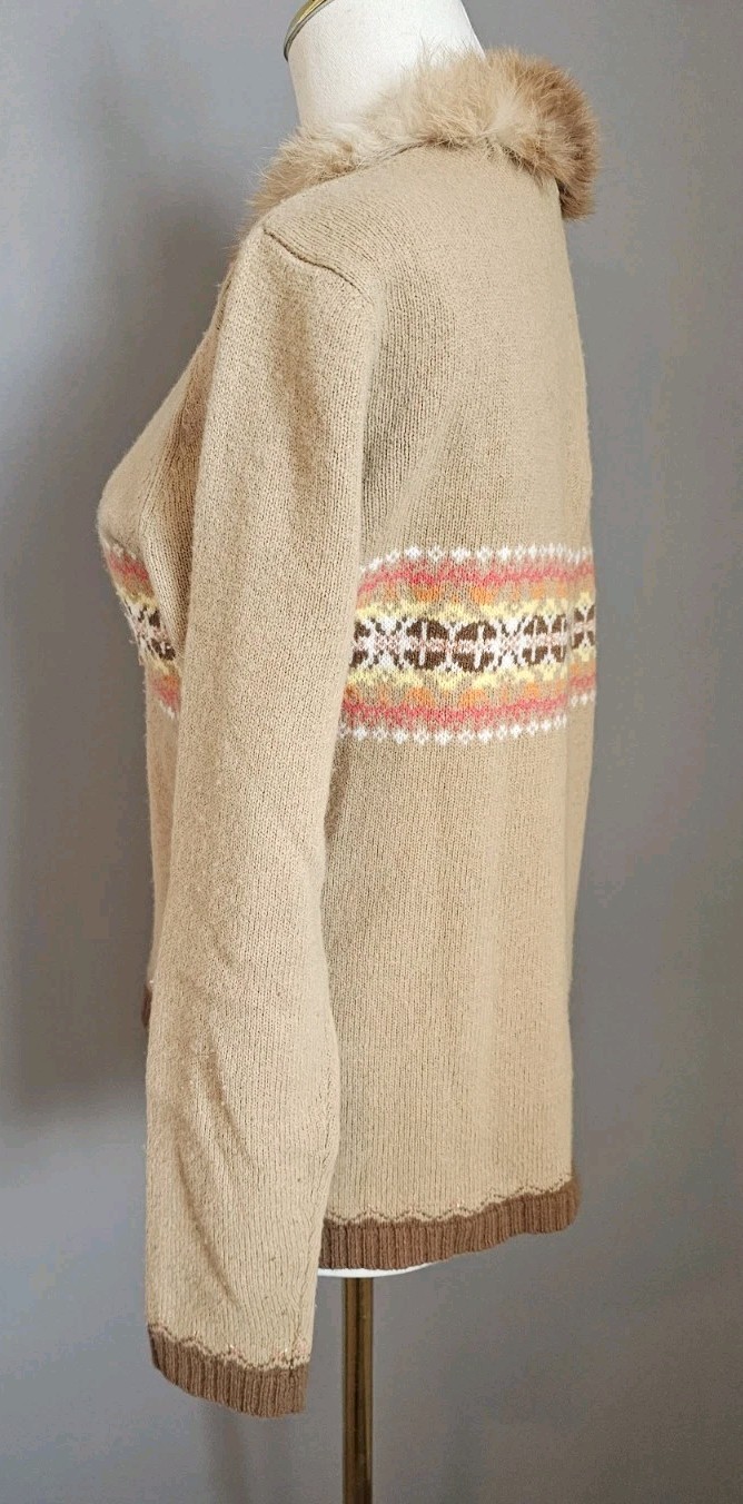 Vintage Casual Corner Lambswool Cashmere Sweater Real Fur Collar M Y2K Fair Isle