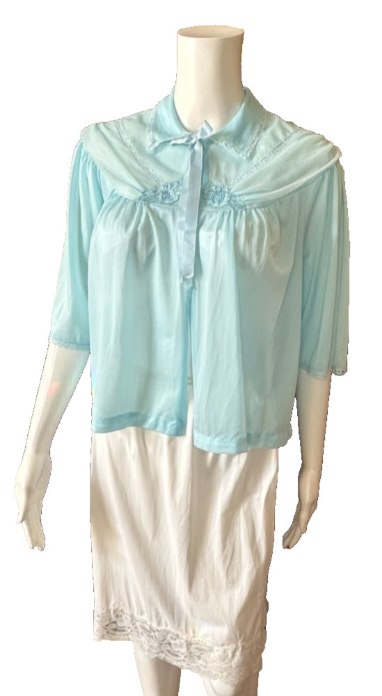 vtg Tepheen pegnoir blue Nylon BED JACKET LACE TRIM Small floral accent