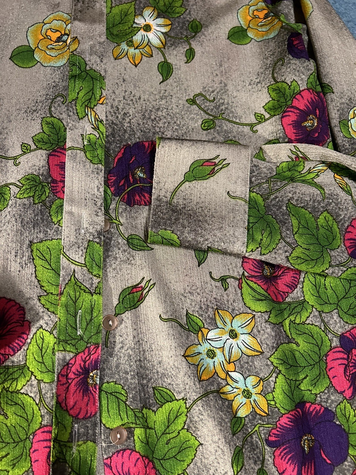 Vintage Lucky Pierre Button Down Shirt Gray Long Sleeve Mod Floral