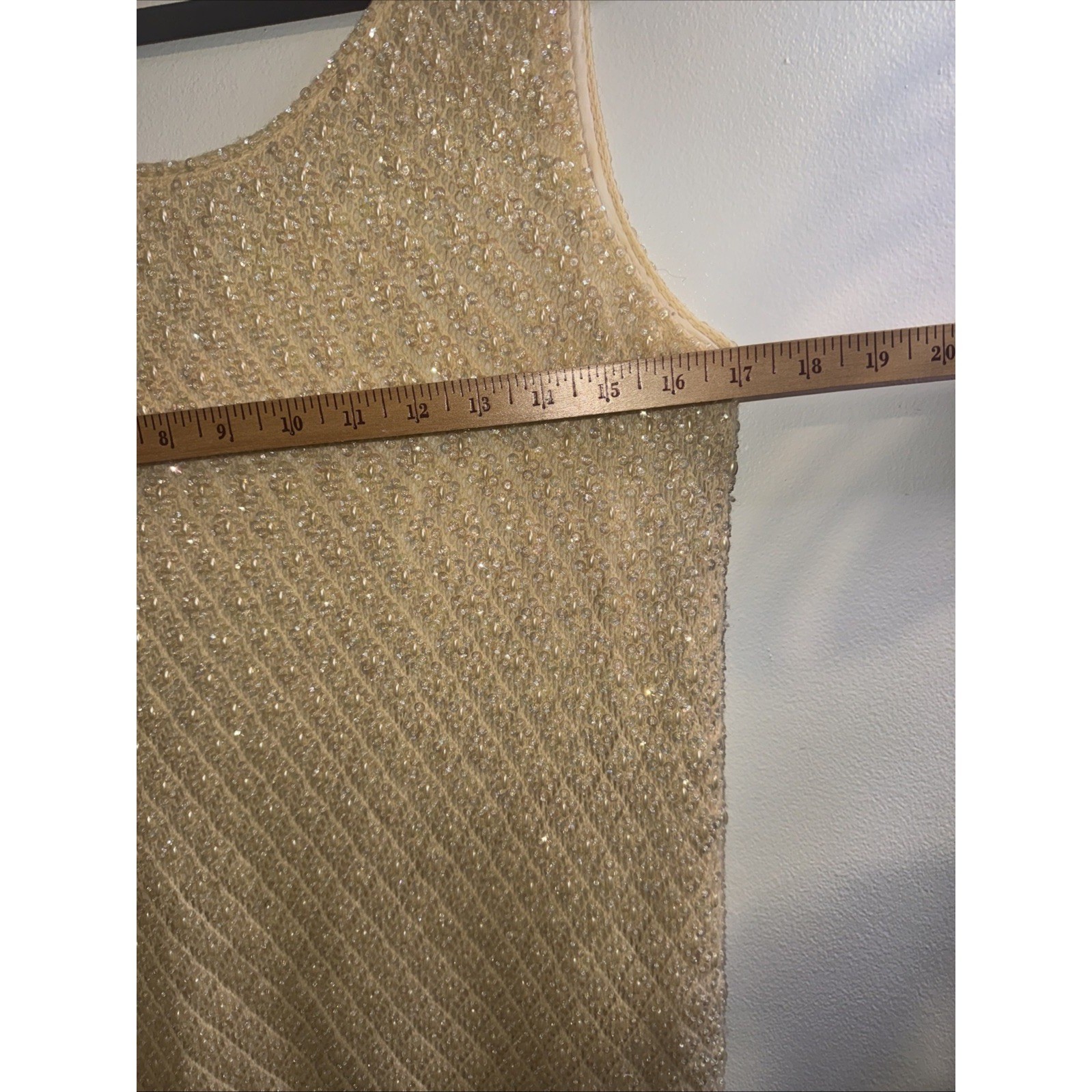 Vintage Beaded Sequin Knit Tank Top Cream Champagne Pearl Fringe Shell L