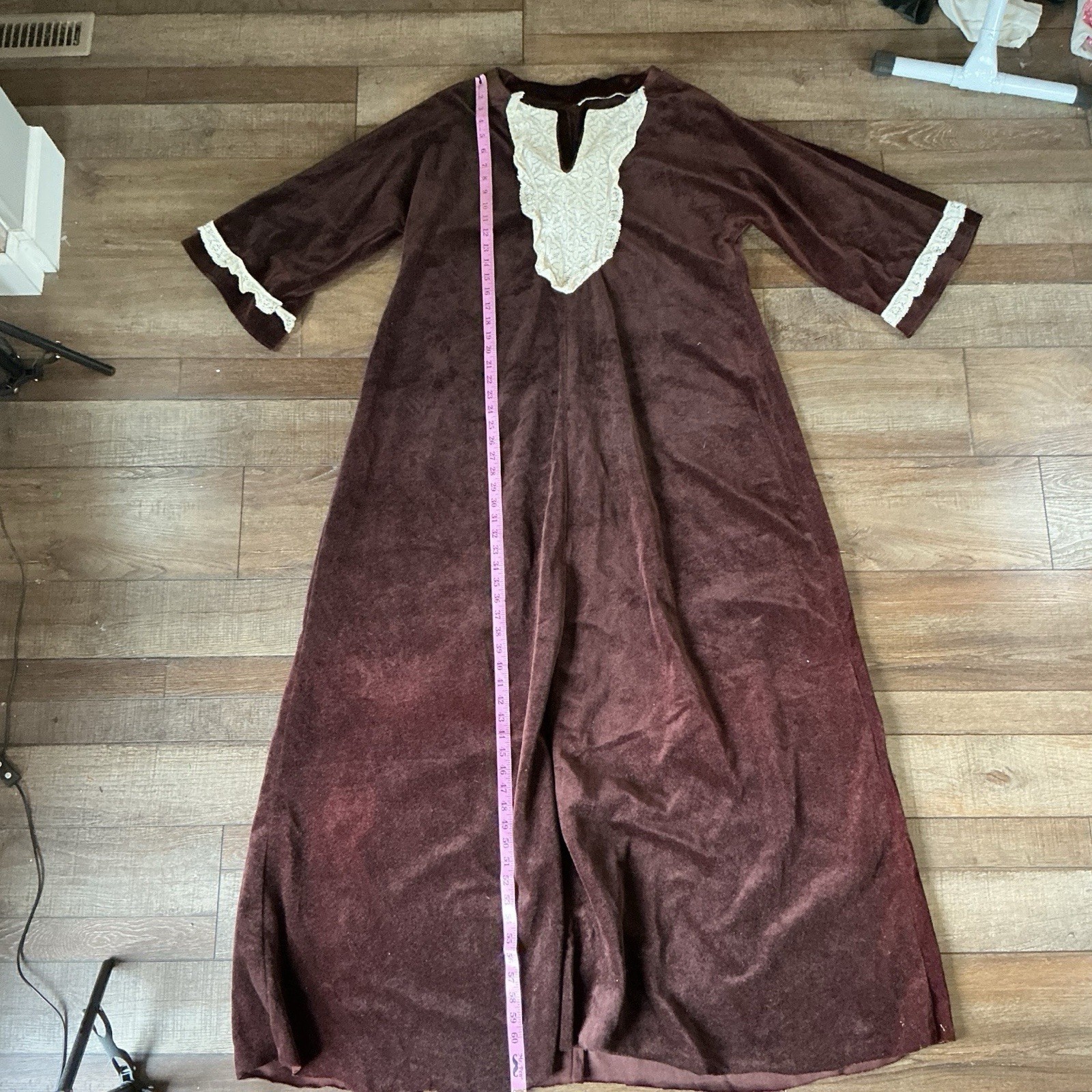 70s VINTAGE Brown Velour Maxi Kaftan Dress Lace Trim Plus Size 1X 2X Boho #2D6