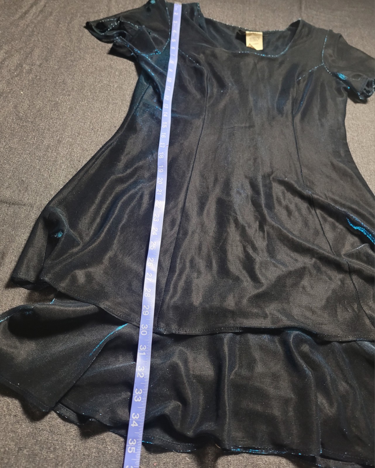 Vintage 70s 80s Blue Shiny Mini Dress Black Layered Party M/L Molly Malloy