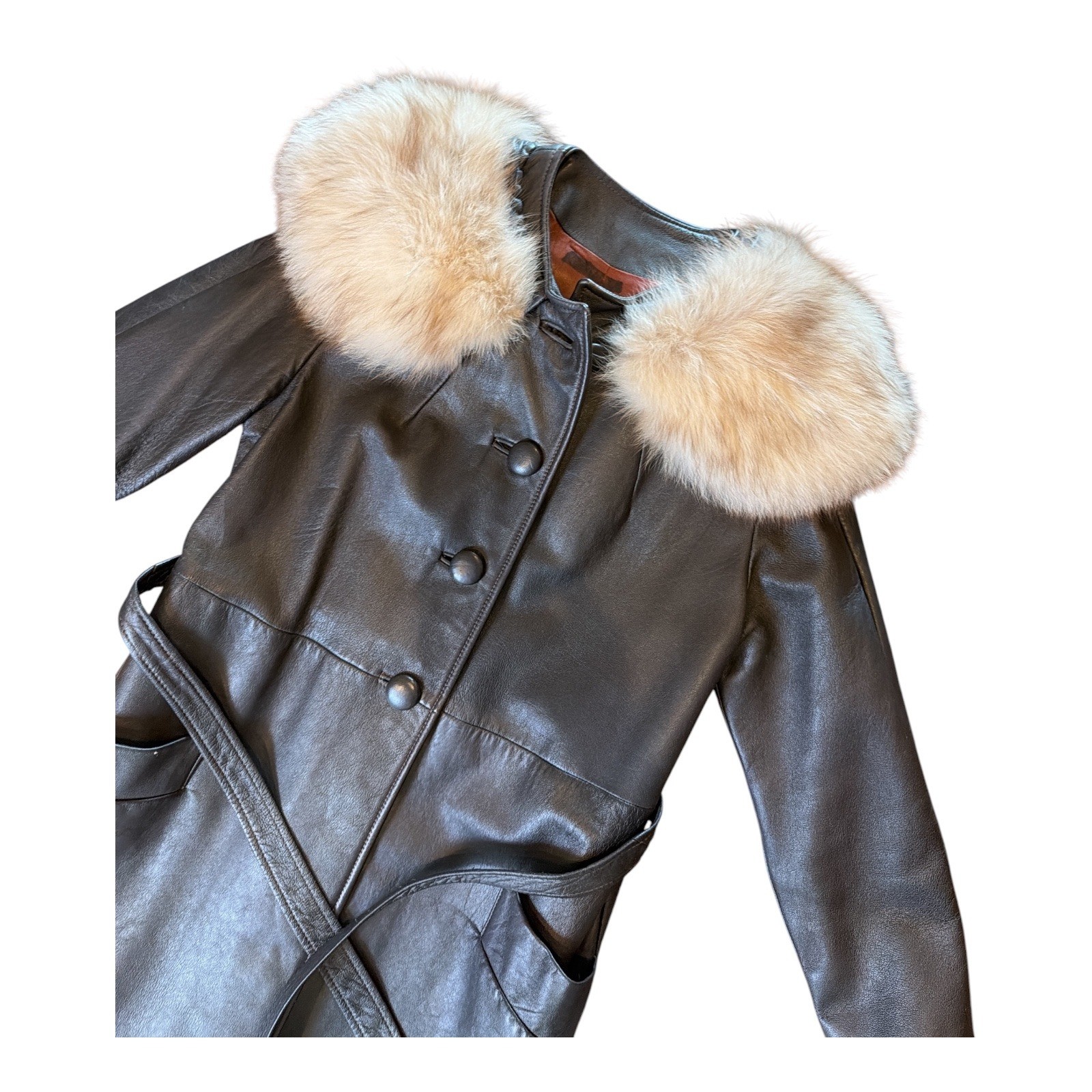 Vintage Brown Leather Trench Coat Fur Collar Belted ILGWU Made USA 60 70’s