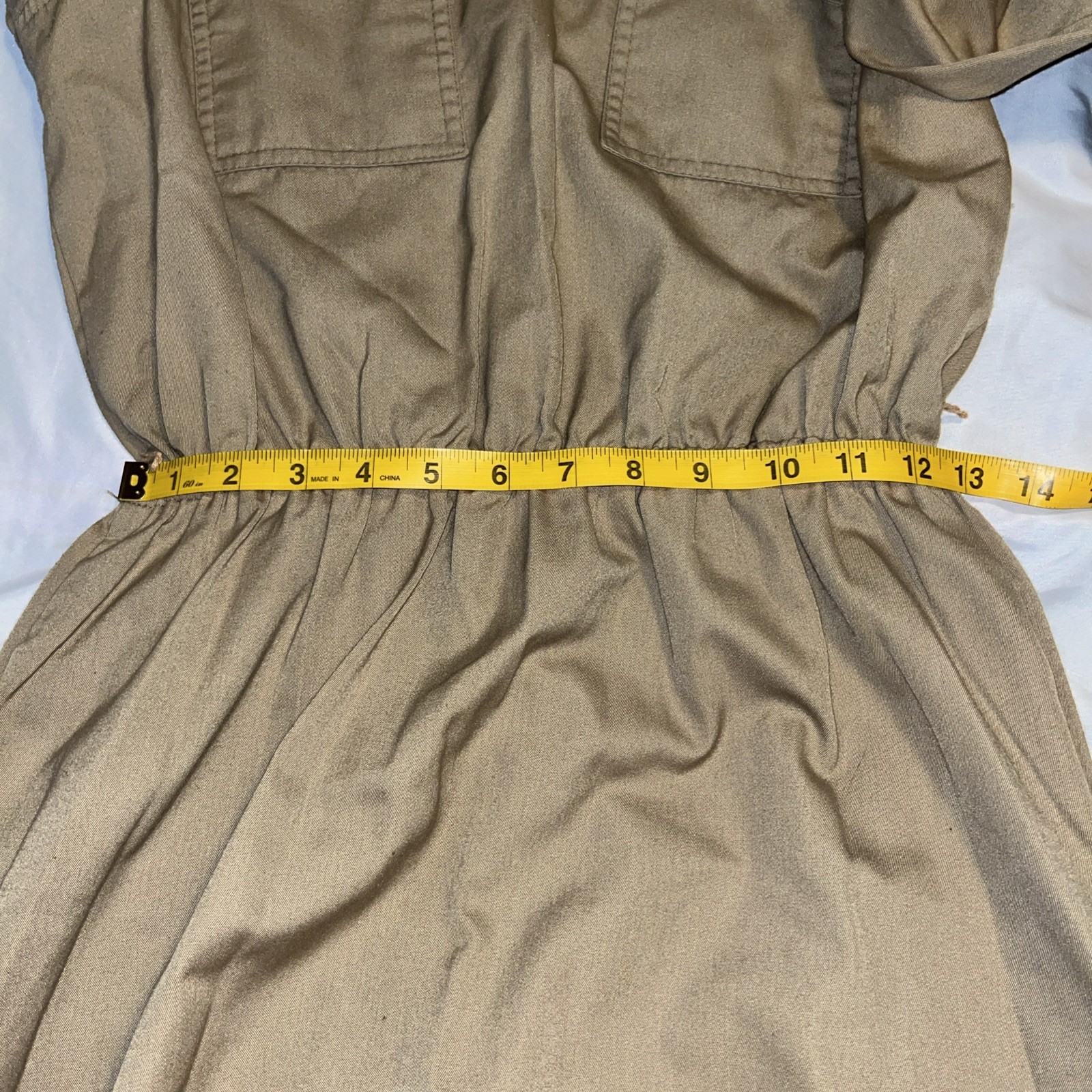Caron Vintage Army Dress Beige Long Sleeve Pockets Mock Neck Medium Maxi Khaki