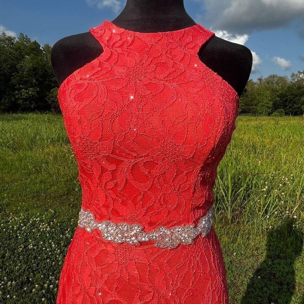 Vtg 90s Y2K Maxi Dress Wms 1 Mermaid Prom Pink Floral Lace High Split Coquette