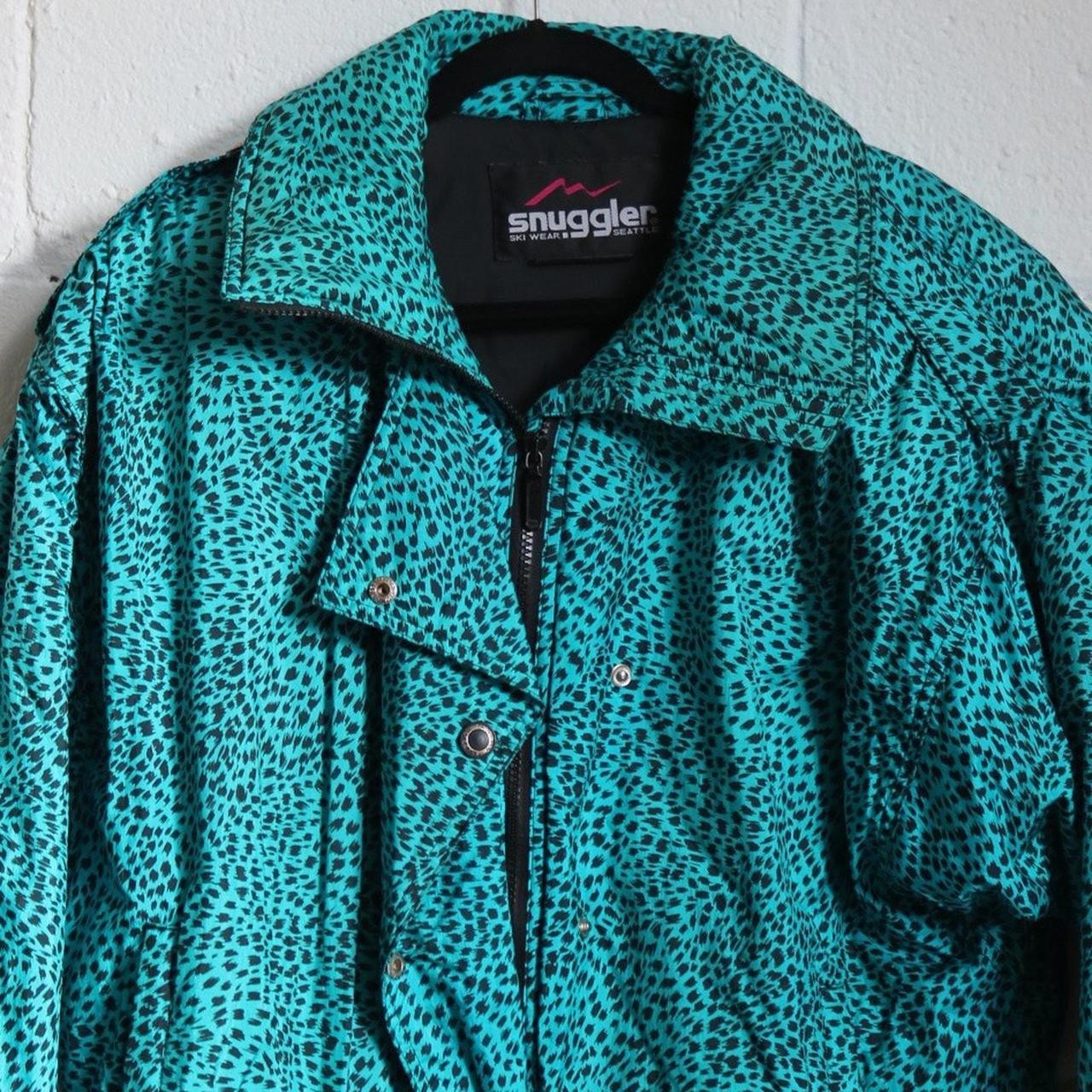 Vtg 80s Snow Coat, Winter, Ski, Turquoise, Black, Cheetah, Leopard, Snugglers