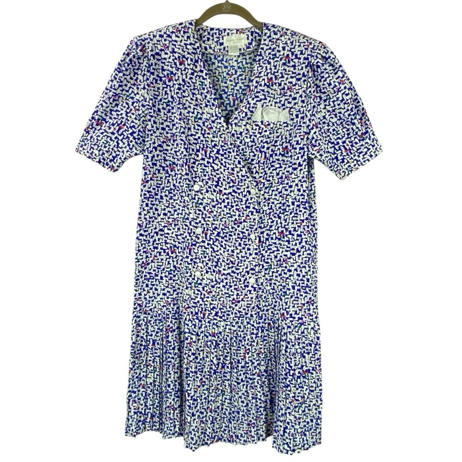 Vintage Short Sleeve Drop Waist Midi Dress Size 12 Blue White 80’s