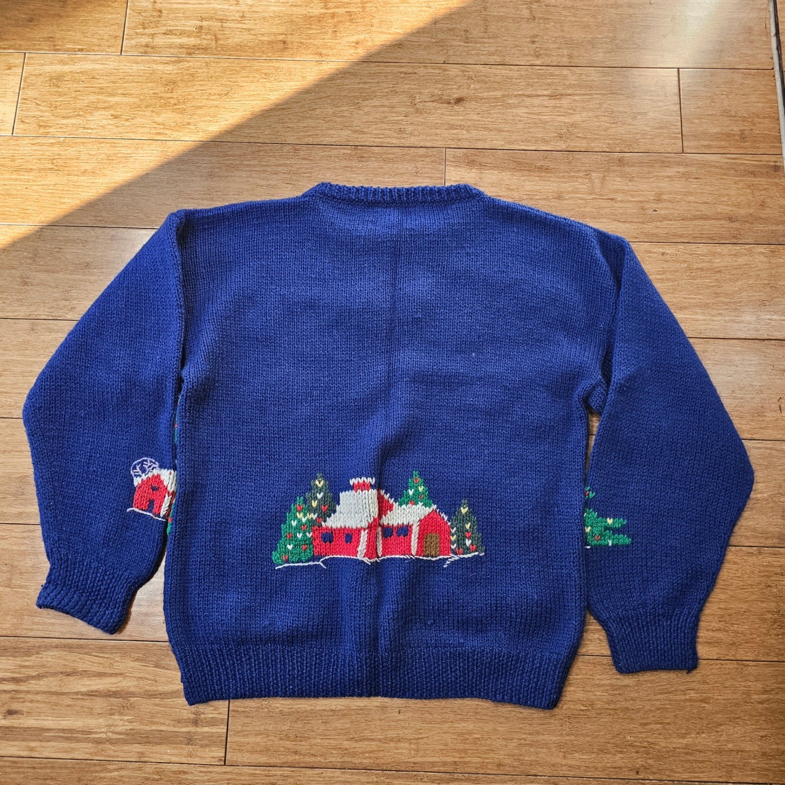 B.G. Day Christmas Sweater Women Sz Lg Blue Wool Handknitted Holiday Village VTG