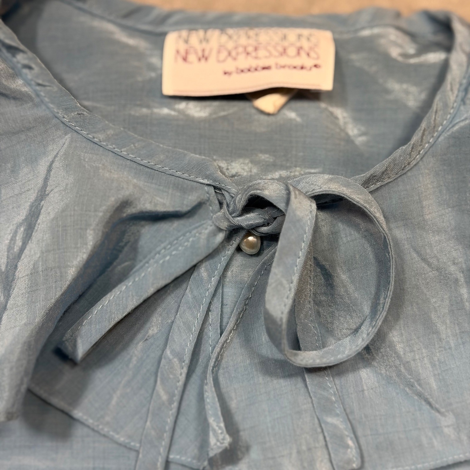 Vintage 80s New Expressions Blue Ruffle Blouse Pearl Button Shimmer Size M L