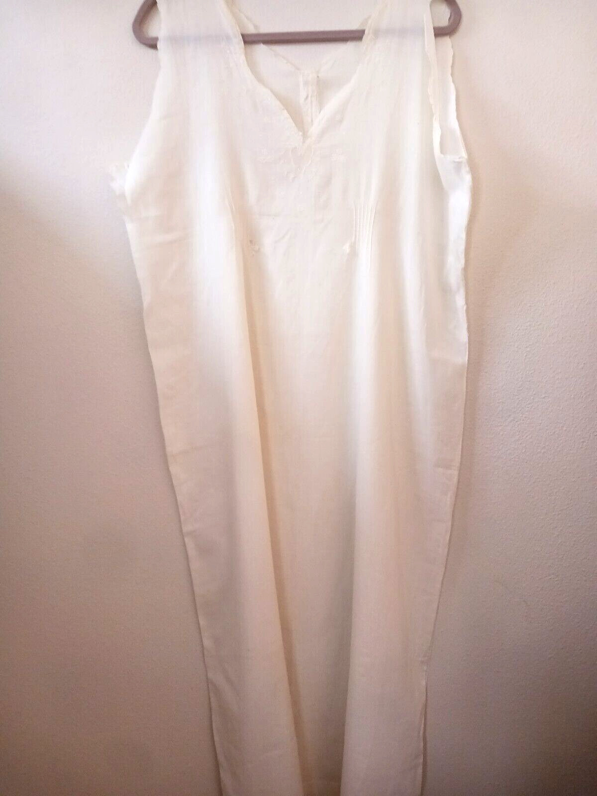 Antique Edwardian Long White Cotton Shift or Under Dress 44″ Embroidered FLAWS