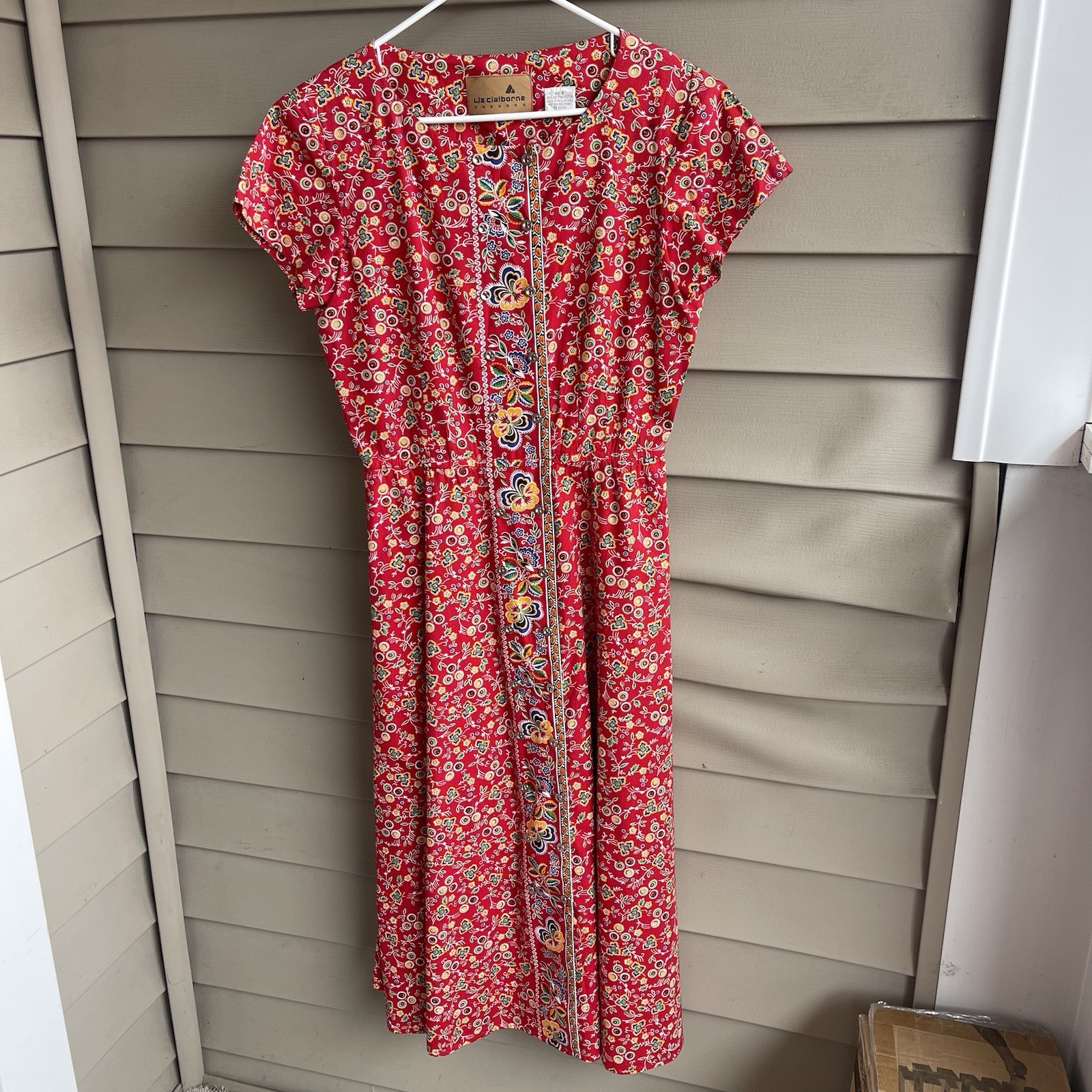 Vintage 90s Button Front Shirt Cotton Dress Floral Rodeo Cottagecore Midi Size 8