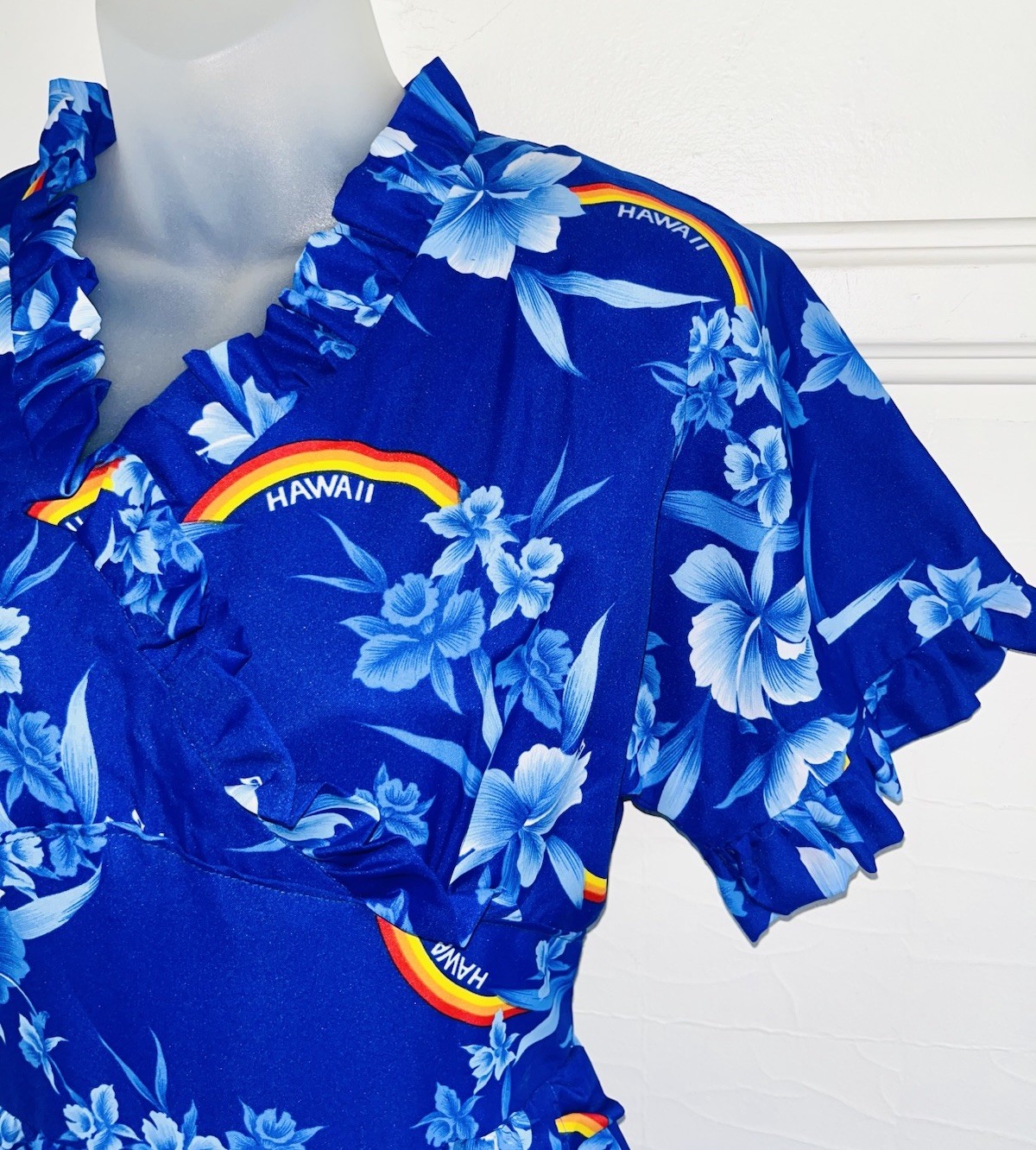 Vtg Hawaiian Faux Wrap Dress 80s Blue Hawaii Floral Rainbow State 🌈 Sz M 6/8