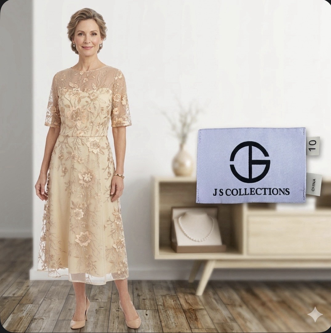 JS Collections Floral Embroidered Illusion Midi Dress Beige Gold Size 10 Wedding