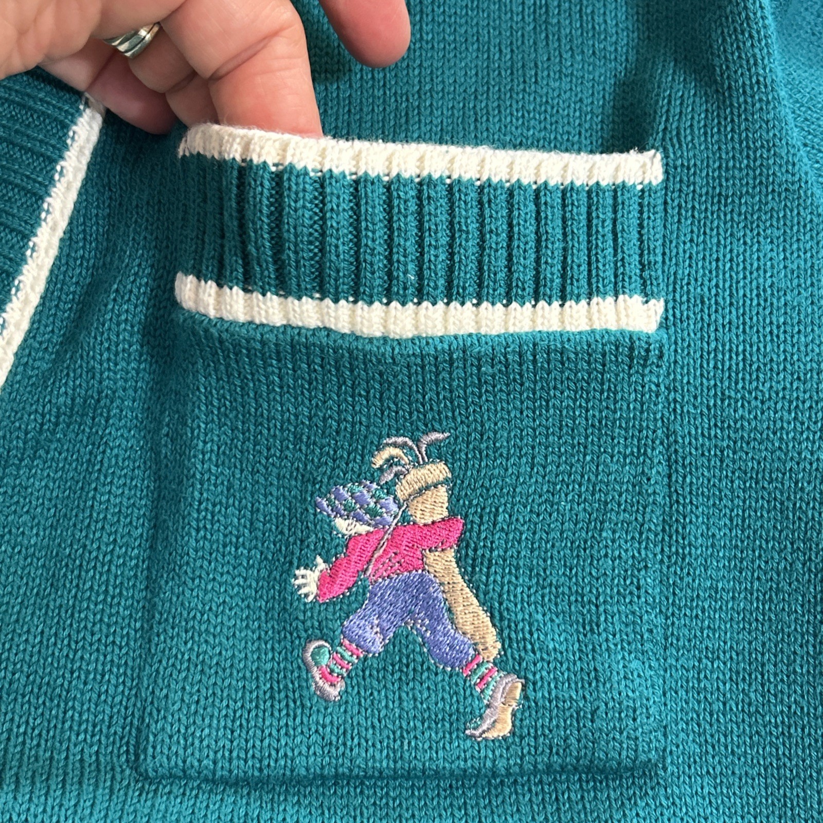 Pringle Scotland Sweater Sz M Teal Pure Cotton VNeck Embroidered Golf Vintage