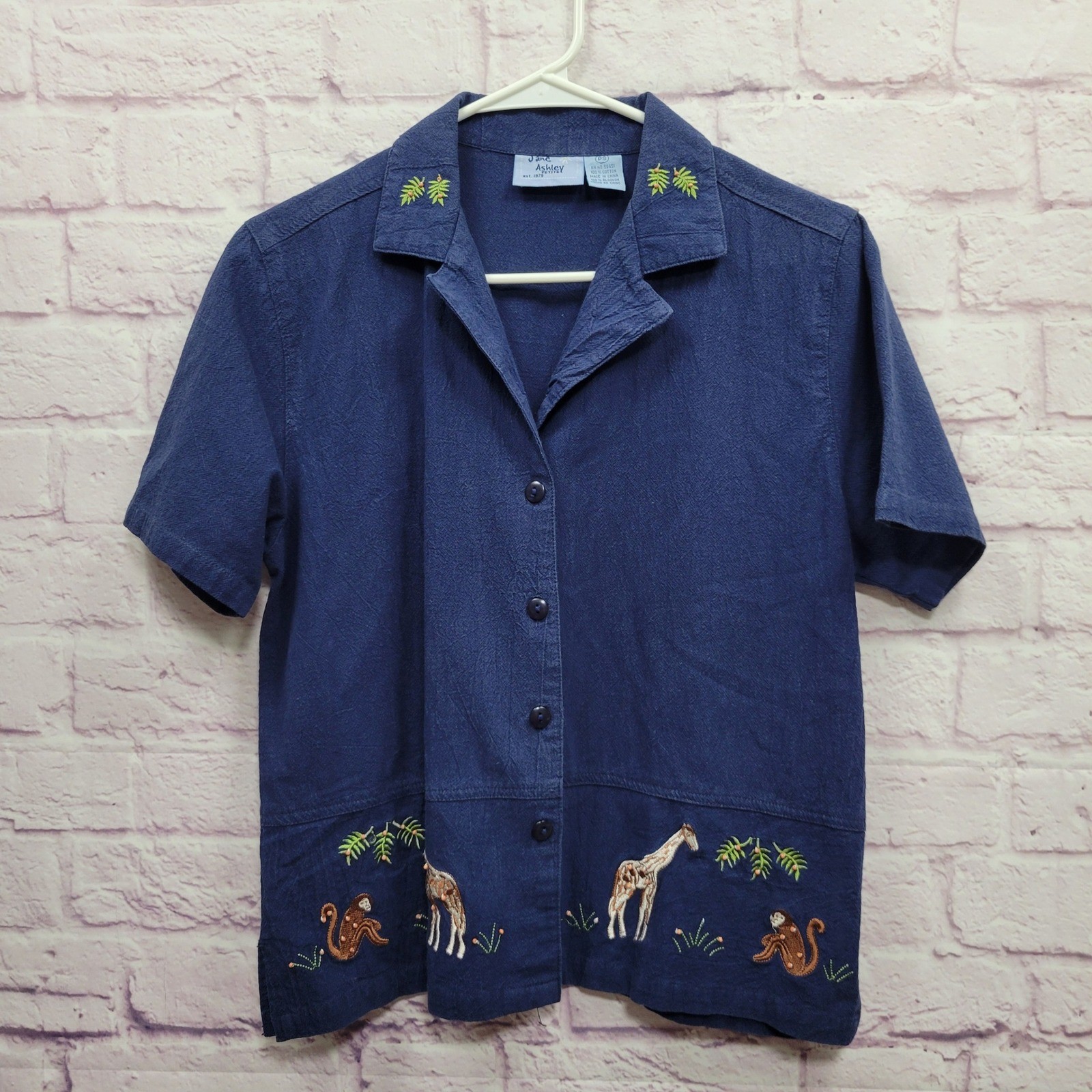 VTG Jane Ashley Safari Embroidered Shirt PS 100% Cotton Blue Zoo 90s Cottagecore