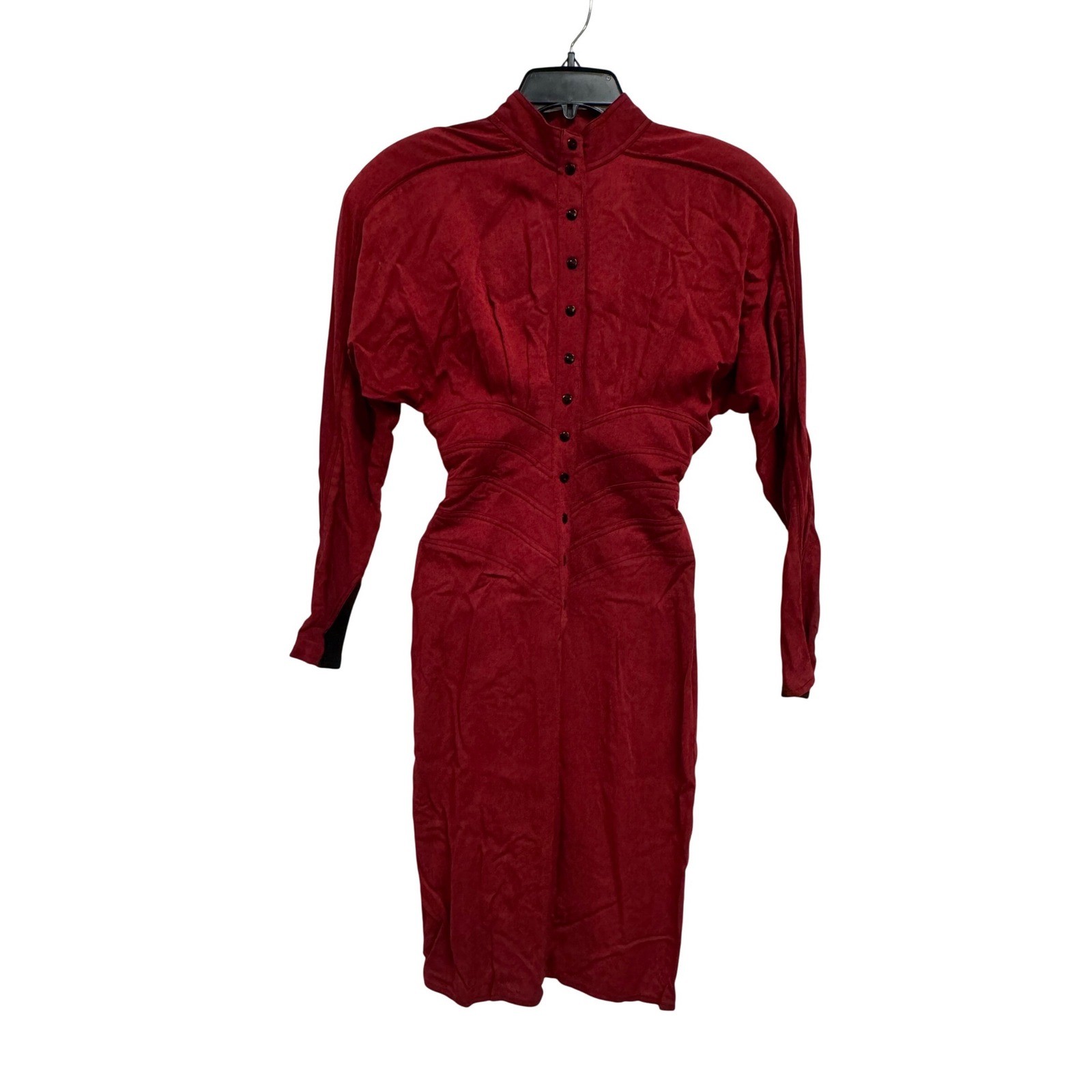 Vintage IIF Red Rayon Button Front Mock Neck Power Shoulder Midi Dress Size 4