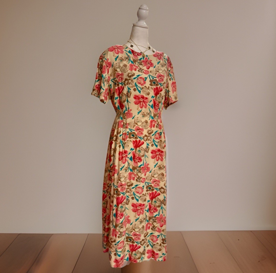 Vintage 90s Cottagecore Midi Dress Butter Yellow Floral Tropical Pin Tucks XL